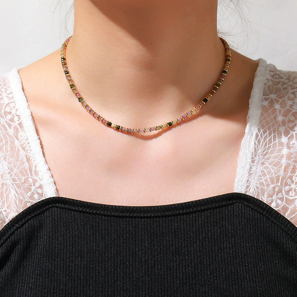 Wholesale Jewelry Retro Geometric Stainless Steel Beaded Necklace For Women With Electroplating