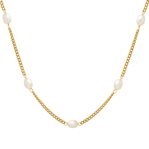 Wholesale Jewelry Retro Geometric Style Freshwater Pearl Titanium Steel Doublesided Grinding Chain Necklace