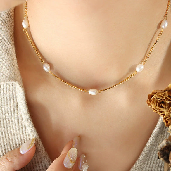 Wholesale Jewelry Retro Geometric Style Freshwater Pearl Titanium Steel Doublesided Grinding Chain Necklace