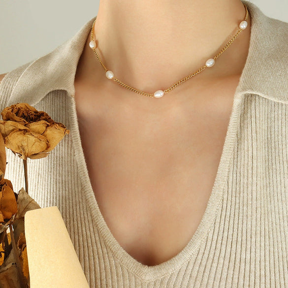 Wholesale Jewelry Retro Geometric Style Freshwater Pearl Titanium Steel Doublesided Grinding Chain Necklace