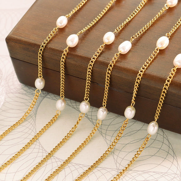 Wholesale Jewelry Retro Geometric Style Freshwater Pearl Titanium Steel Doublesided Grinding Chain Necklace