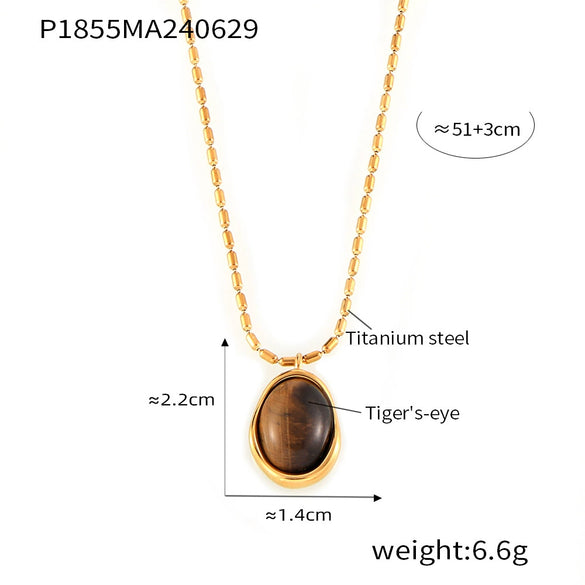 Wholesale Jewelry Retro Geometric Style Irregular Round Tiger Eye Pendant 316L Stainless Steel Rice Bead Chain Necklace