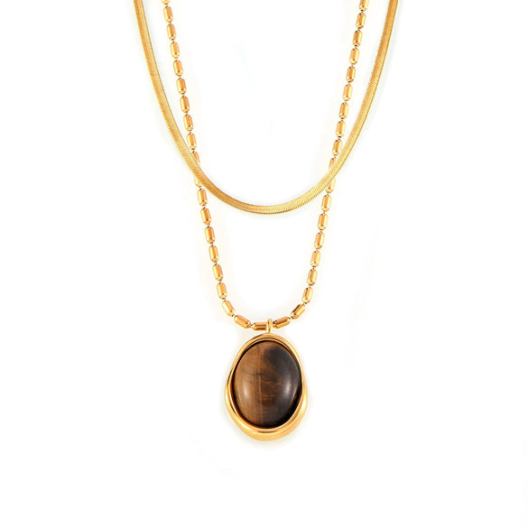 Wholesale Jewelry Retro Geometric Style Irregular Round Tiger Eye Pendant 316L Stainless Steel Rice Bead Chain Necklace