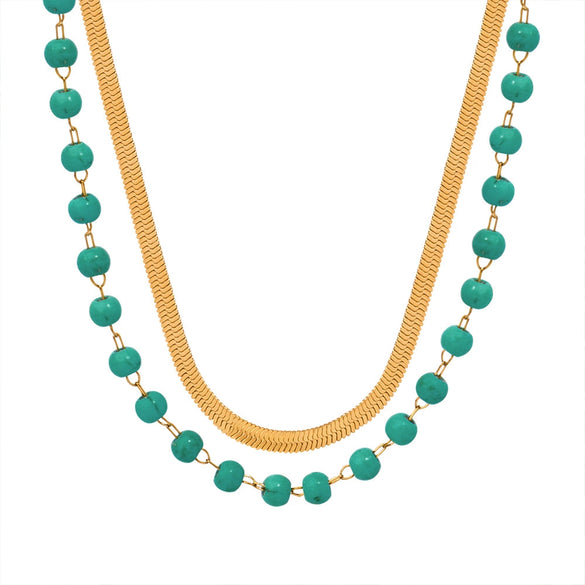 Wholesale Jewelry Retro Geometric Style Titanium Steel Gold Plated Natural Turquoise Handmade Beaded Double Layer Necklace For Women