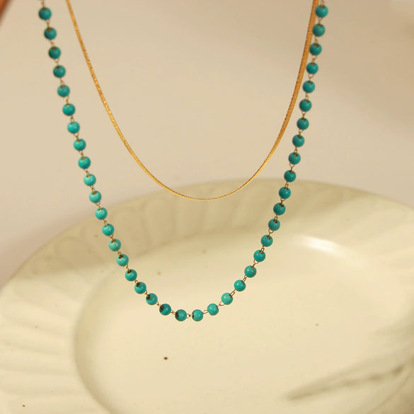 Wholesale Jewelry Retro Geometric Style Titanium Steel Gold Plated Natural Turquoise Handmade Beaded Double Layer Necklace For Women