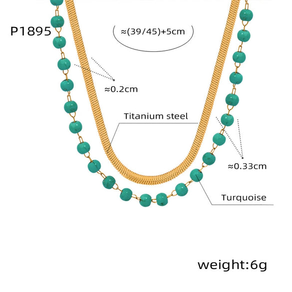 Wholesale Jewelry Retro Geometric Style Titanium Steel Gold Plated Natural Turquoise Handmade Beaded Double Layer Necklace For Women