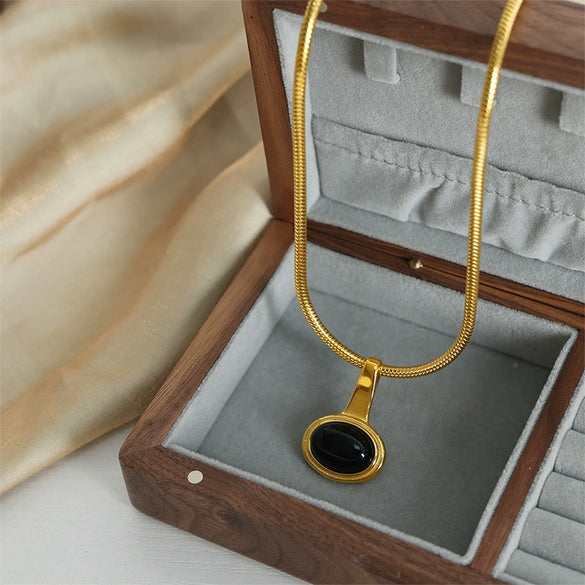 Wholesale Jewelry Retro Geometric 316L Stainless Steel Gold Plated Glass Bead Pendant Necklace For Women