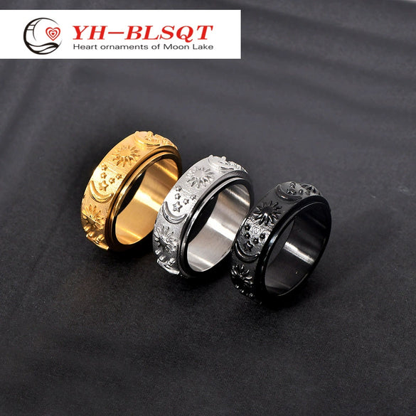 Wholesale Jewelry Retro Geometric Ushaped Titanium Steel Ring With Star Moon Sun Design