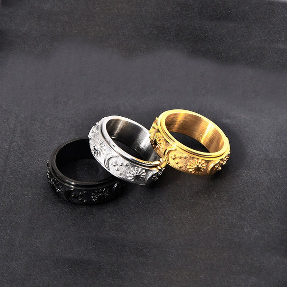 Wholesale Jewelry Retro Geometric Ushaped Titanium Steel Ring With Star Moon Sun Design