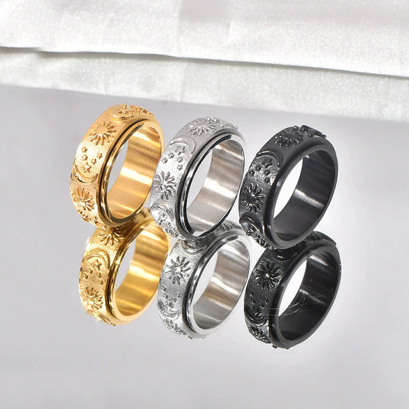 Wholesale Jewelry Retro Geometric Ushaped Titanium Steel Ring With Star Moon Sun Design