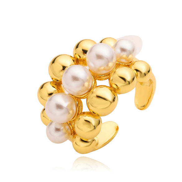 Wholesale Jewelry Retro Hammered Ball Ring Copper With Pearl Setting And Geometric Star Pattern For Women