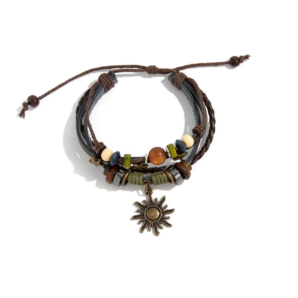 Wholesale Jewelry Retro Handmade Bracelet With Geometric Pattern Pu Wooden Bead Alloy Pendant For Women