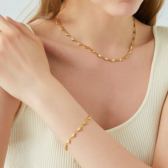 Wholesale Jewelry Retro Heartshaped Titanium Steel Love Chain Necklace Bracelet Set 18K Gold Plated