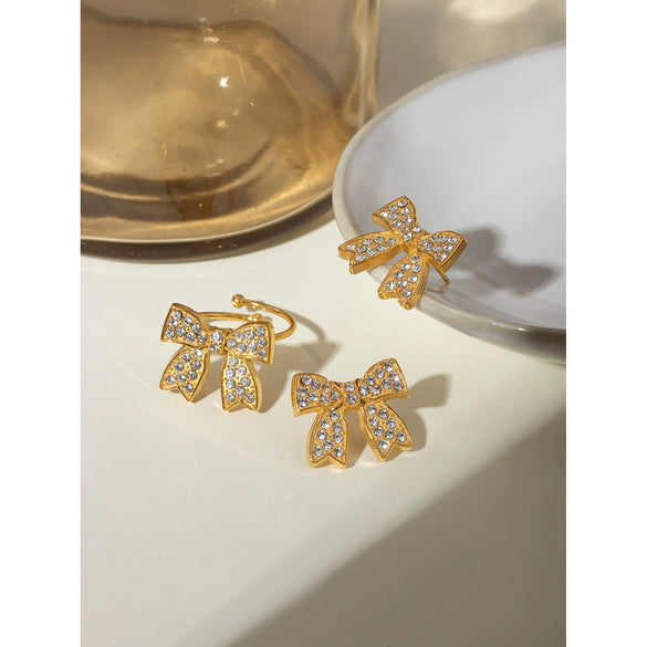 Wholesale Jewelry Retro Highend Stainless Steel Bow Rhinestone Earrings For Women With Electroplating