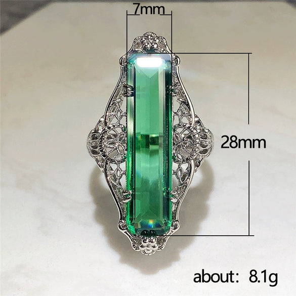 Wholesale Jewelry Retro Hollow Geometric Pattern Green Zircon Copper Ring For Women