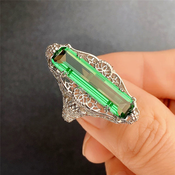 Wholesale Jewelry Retro Hollow Geometric Pattern Green Zircon Copper Ring For Women