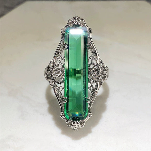 Wholesale Jewelry Retro Hollow Geometric Pattern Green Zircon Copper Ring For Women