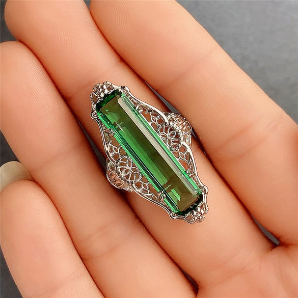 Wholesale Jewelry Retro Hollow Geometric Pattern Green Zircon Copper Ring For Women