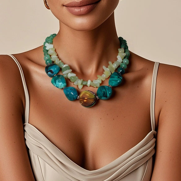 Wholesale Jewelry Retro Irregular Geometric Plastic Resin Organic Glass Beaded Necklace With Electroplating