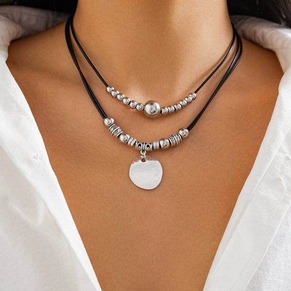 Wholesale Jewelry Retro Leather Wax Thread Alloy U Shape Electroplating Pendant Clavicle Chain Multilayer Necklace