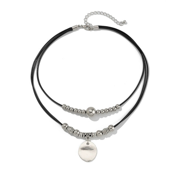 Wholesale Jewelry Retro Leather Wax Thread Alloy U Shape Electroplating Pendant Clavicle Chain Multilayer Necklace