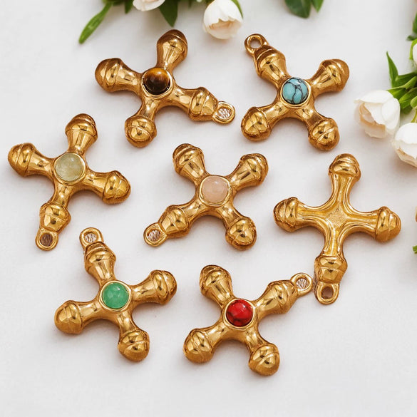 Wholesale Jewelry Retro Light Luxury Tiger Eye Stone Cross Pendant Titanium Steel Chain