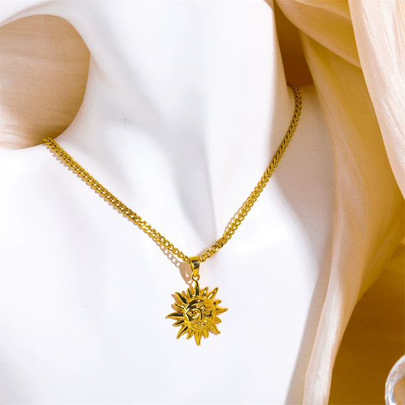 Wholesale Jewelry Retro Literary Abstract Geometric Sun Face Copper Electroplated Cuban Chain Necklace For Women