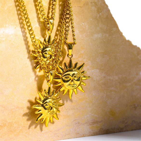 Wholesale Jewelry Retro Literary Abstract Geometric Sun Face Copper Electroplated Cuban Chain Necklace For Women