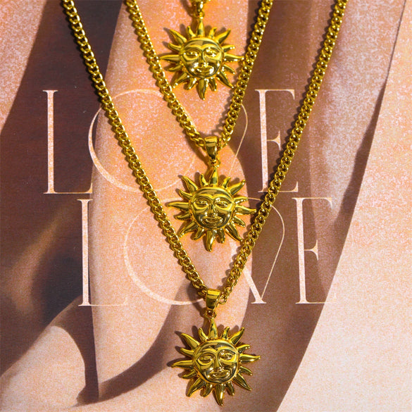 Wholesale Jewelry Retro Literary Abstract Geometric Sun Face Copper Electroplated Cuban Chain Necklace For Women
