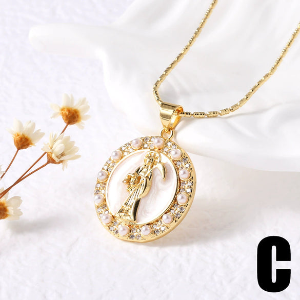 Wholesale Jewelry Retro Mother Of Pearl Love Pendant Necklace Copper Gold Plated Geometric Style Box Chain Women's
