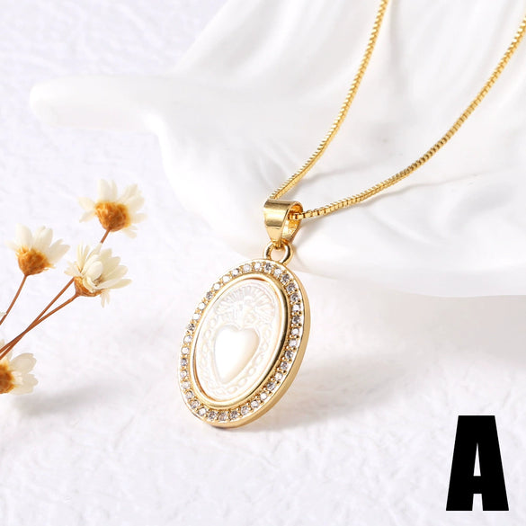 Wholesale Jewelry Retro Mother Of Pearl Love Pendant Necklace Copper Gold Plated Geometric Style Box Chain Women's
