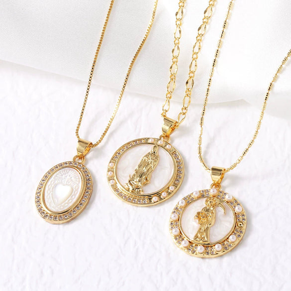 Wholesale Jewelry Retro Mother Of Pearl Love Pendant Necklace Copper Gold Plated Geometric Style Box Chain Women's