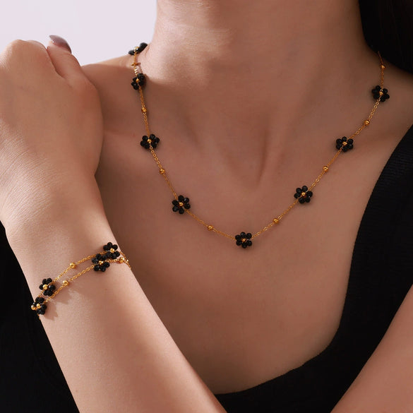 Wholesale Jewelry Retro Niche Style Flower Shape Natural Stone Beaded 316L Stainless Steel Chain Electroplated
