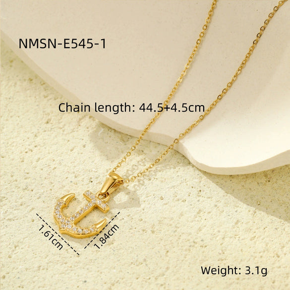 Wholesale Jewelry Retro Ocean Style Pirate Ship Stainless Steel Anchor Necklace Inlaid With Zircon Electroplated