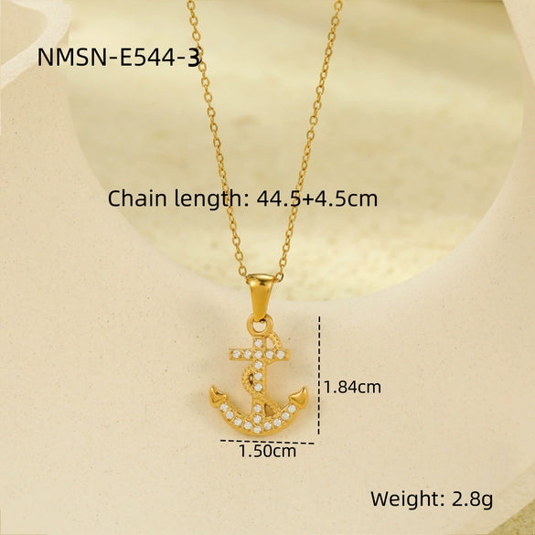 Wholesale Jewelry Retro Ocean Style Pirate Ship Stainless Steel Anchor Necklace Inlaid With Zircon Electroplated