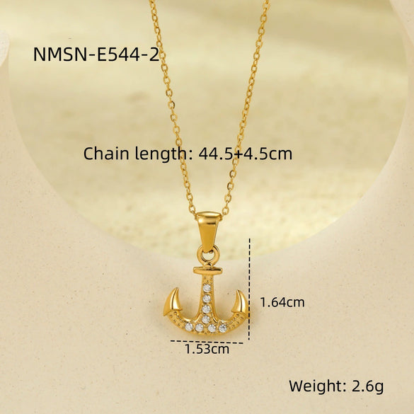 Wholesale Jewelry Retro Ocean Style Pirate Ship Stainless Steel Anchor Necklace Inlaid With Zircon Electroplated