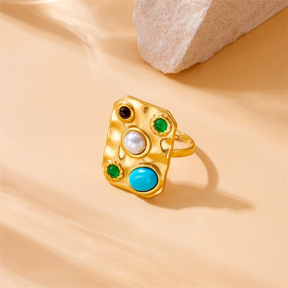 Wholesale Jewelry Retro Palace Style Inlaid Blue Turquoise Gemstone Square Geometric Goldplated Stainless Steel Live Mouth Bracelet Ring
