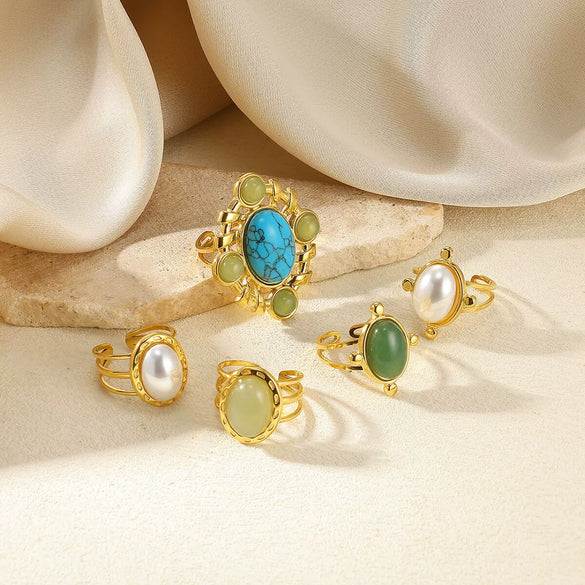Wholesale Jewelry Retro Palace Style Turquoise Geometric Animal Zodiac 18K Goldplated Ring For Women