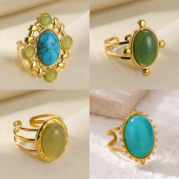 Wholesale Jewelry Retro Palace Style Turquoise Geometric Animal Zodiac 18K Goldplated Ring For Women