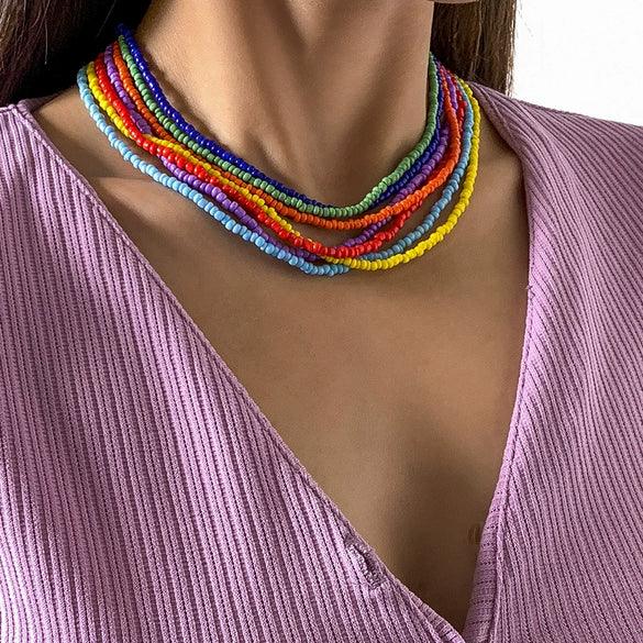 Wholesale Jewelry Retro Personality Geometric Rice Beads Woven Necklace Set With Electroplating For Women