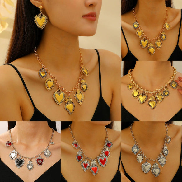 Wholesale Jewelry Retro Personality Sacred Heart Alloy Pendant Necklace And Earrings With Electroplating