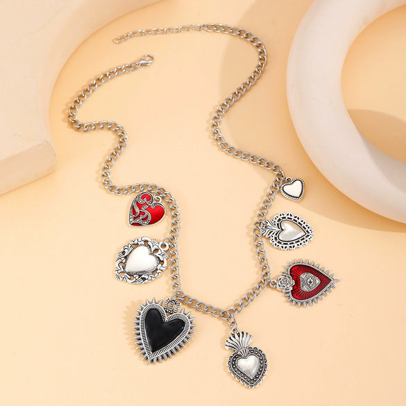 Wholesale Jewelry Retro Religious Alloy Heart Shape And Geometric Pendant Necklace With Silver O Word Chain Electroplated