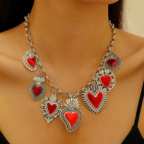 Wholesale Jewelry Retro Religious Alloy Heart Shape And Geometric Pendant Necklace With Silver O Word Chain Electroplated