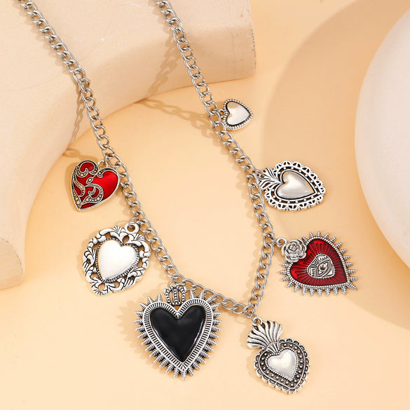 Wholesale Jewelry Retro Religious Alloy Heart Shape And Geometric Pendant Necklace With Silver O Word Chain Electroplated