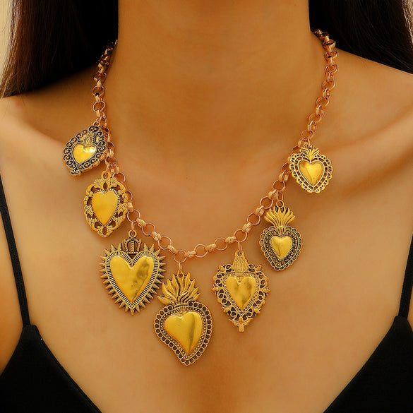 Wholesale Jewelry Retro Religious Alloy Heart Shape And Geometric Pendant Necklace With Silver O Word Chain Electroplated