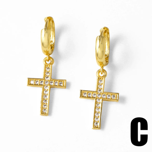 Wholesale Jewelry Retro Simple Geometric Copper Goldplated Cross Pendant Earrings