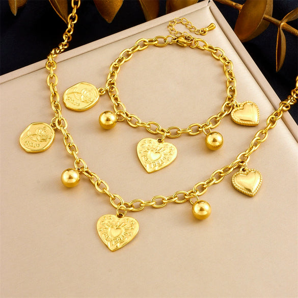 Wholesale Jewelry Retro Simple Heart Pendant Stainless Steel Goldplated Necklace Bracelet Women's Set