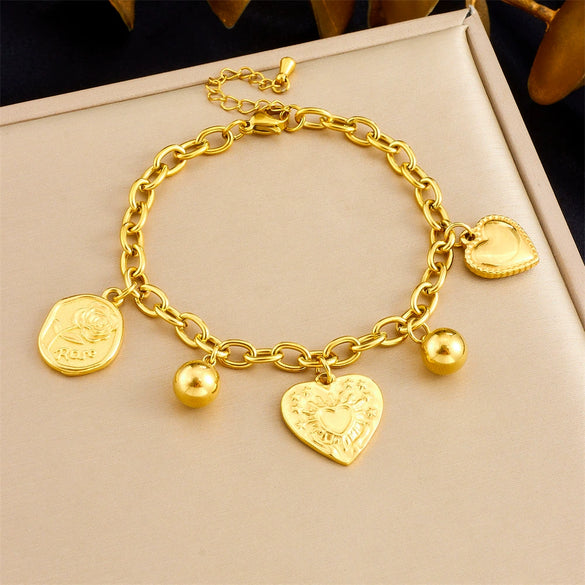 Wholesale Jewelry Retro Simple Heart Pendant Stainless Steel Goldplated Necklace Bracelet Women's Set