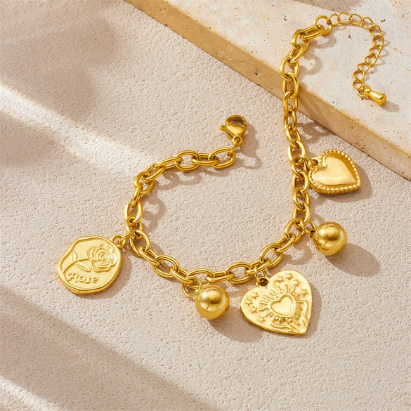 Wholesale Jewelry Retro Simple Heart Pendant Stainless Steel Goldplated Necklace Bracelet Women's Set