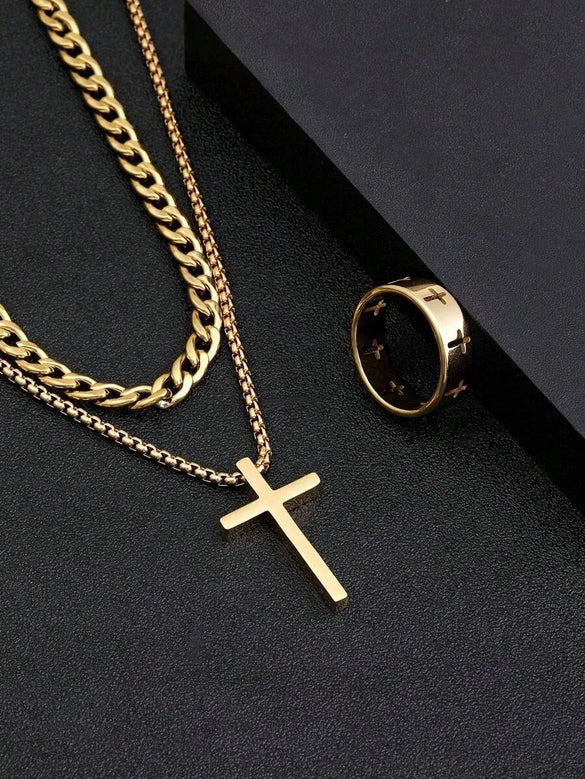 Wholesale Jewelry Retro Simple Style Cross 304 Stainless Steel Gold Plated Jewelry Set
